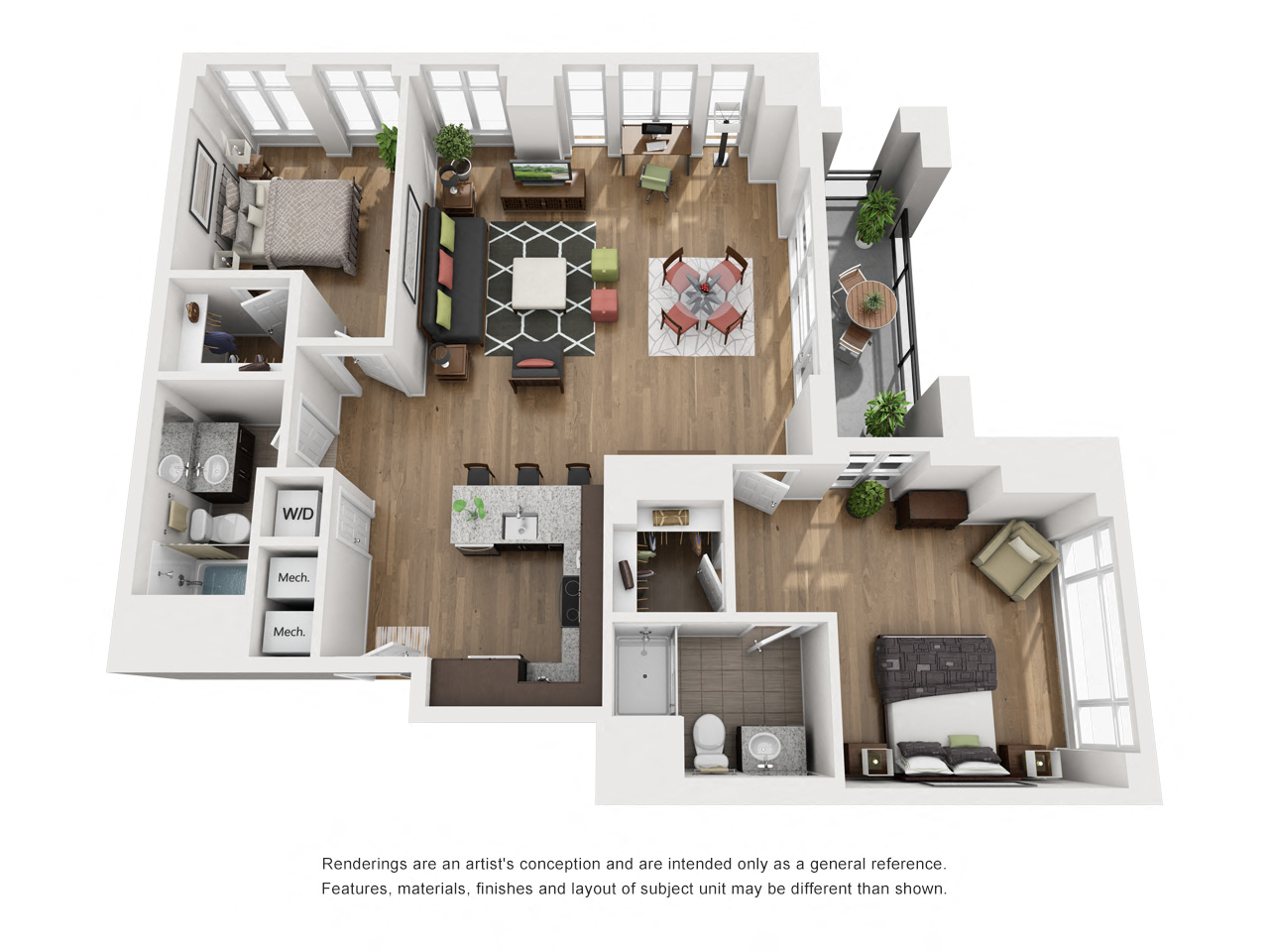 Floor plan for 2 beds, 2 baths, 1247 sqft
